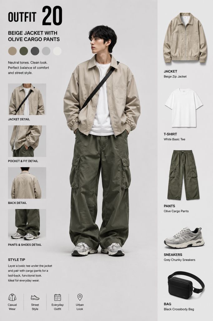 Beige Jacket with White Tee and Olive Pants