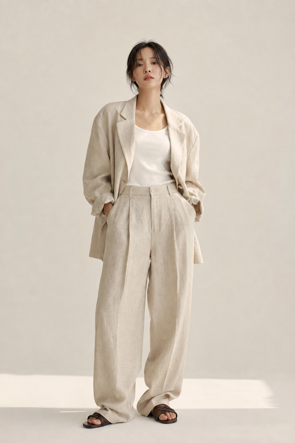 Oversized linen blazer with wide-leg linen trousers and woven leather sandals, a relaxed tailored summer acubi silhouette.