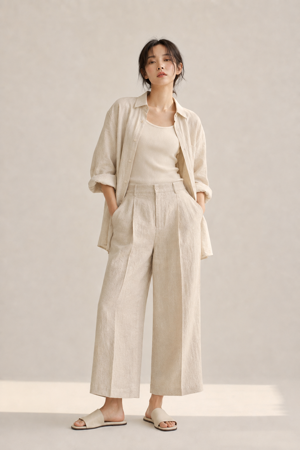 Cream linen shirt worn open over a ribbed tank with cropped wide-leg trousers and slide sandals, a relaxed summer acubi look.