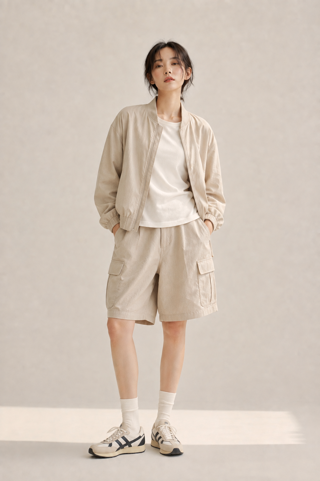 Lightweight bomber jacket over a plain tee with cargo shorts and retro running shoes, a street-ready layered summer acubi look.