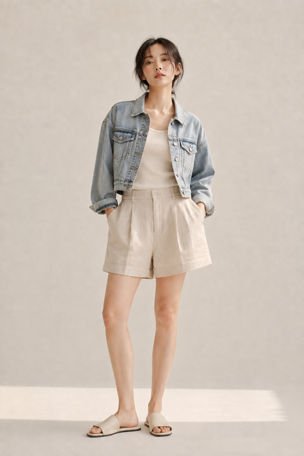 Cropped denim jacket over a tank top with linen shorts and slide sandals, a casual daytime summer acubi outfit.