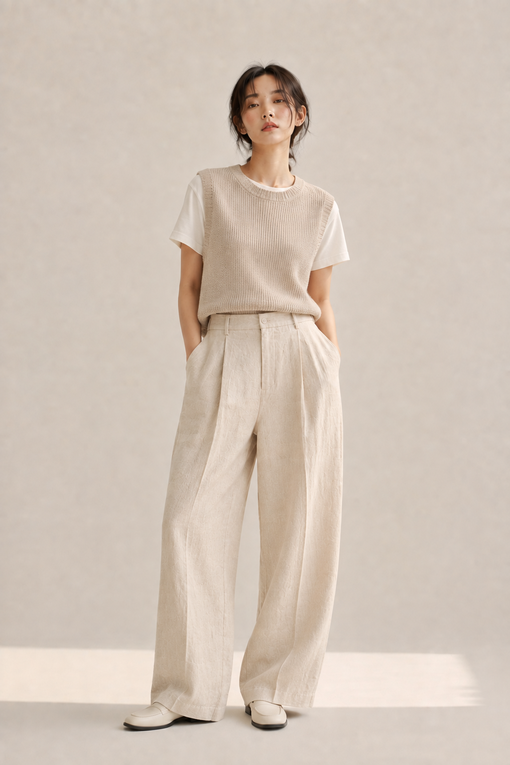 Sleeveless knit vest layered over a white tee with linen trousers and loafers, a textured summer acubi look.
