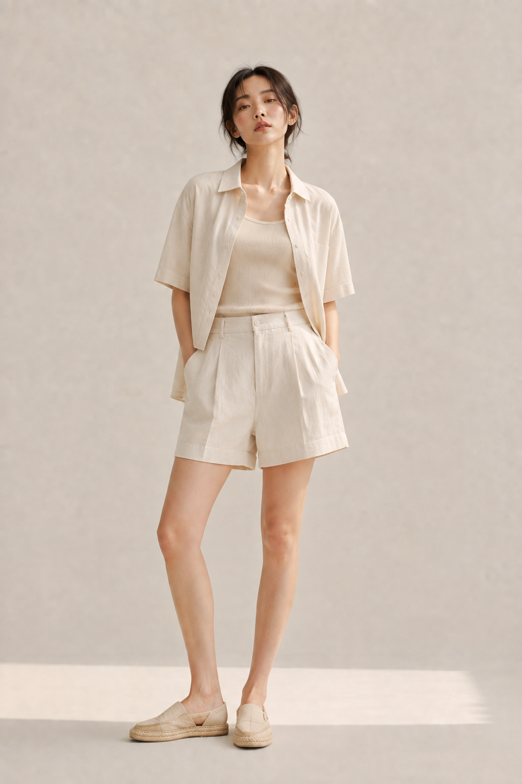 Open camp-collar shirt over a ribbed tank with tailored shorts and espadrilles, a resort-ready summer acubi fit.