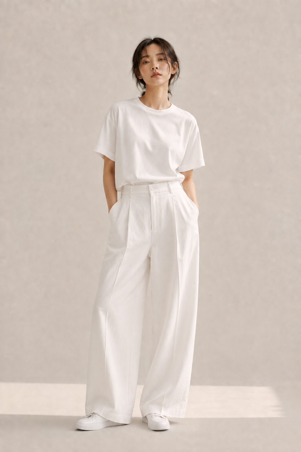 All-white outfit combining a relaxed tee, wide-leg trousers, and clean white sneakers, the simplest summer acubi fit.
