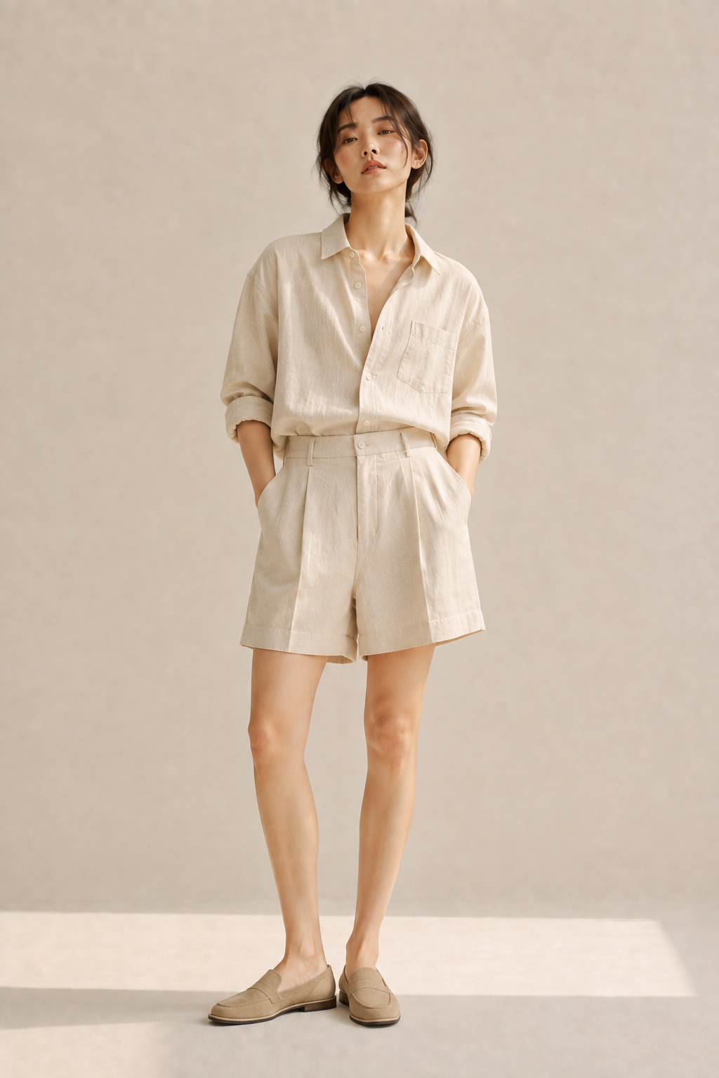 All-beige outfit with a linen shirt, tailored shorts, and suede loafers, a warm sun-washed summer acubi palette.