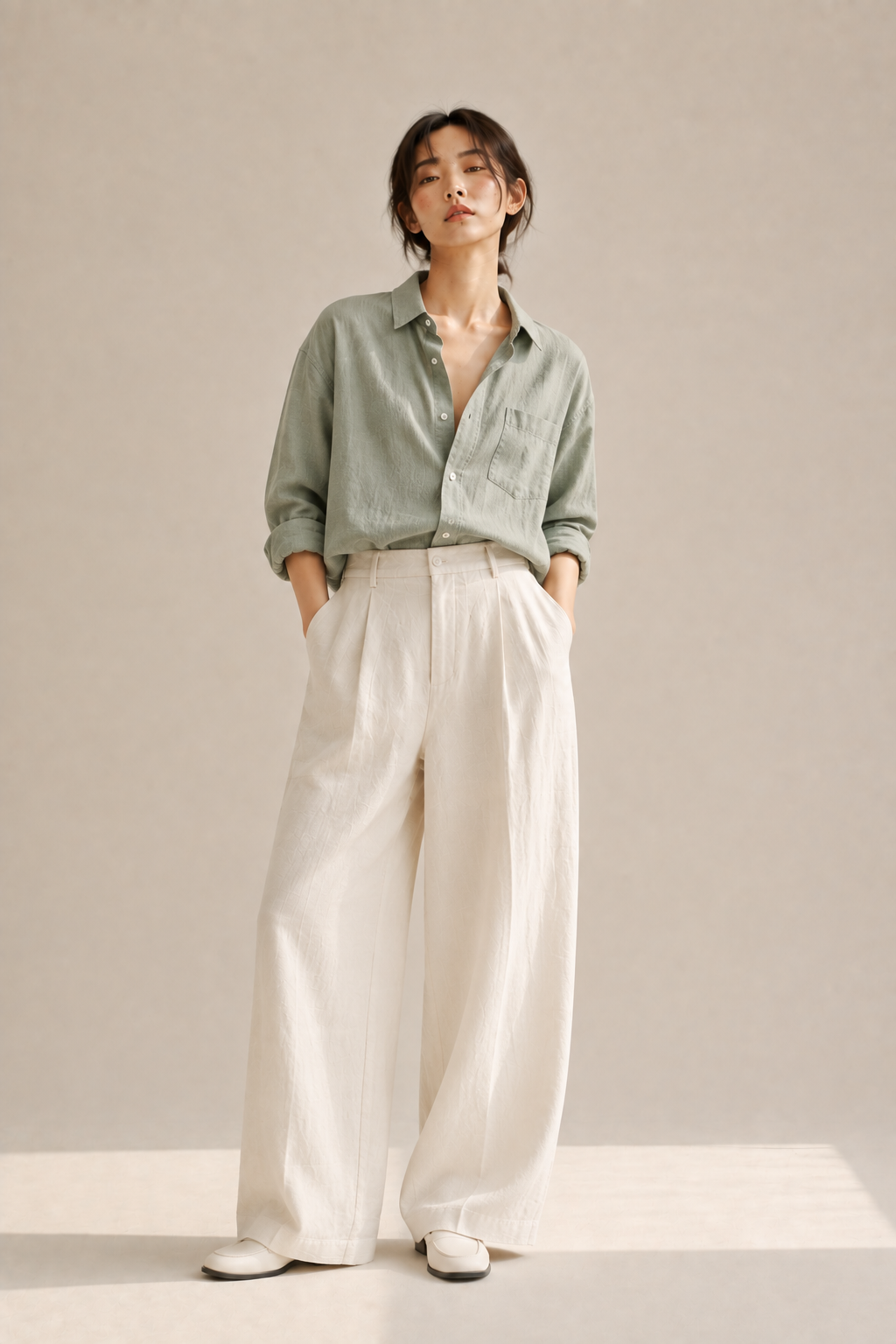 Sage green linen shirt paired with cream wide-leg trousers, a soft color-accented summer acubi look.