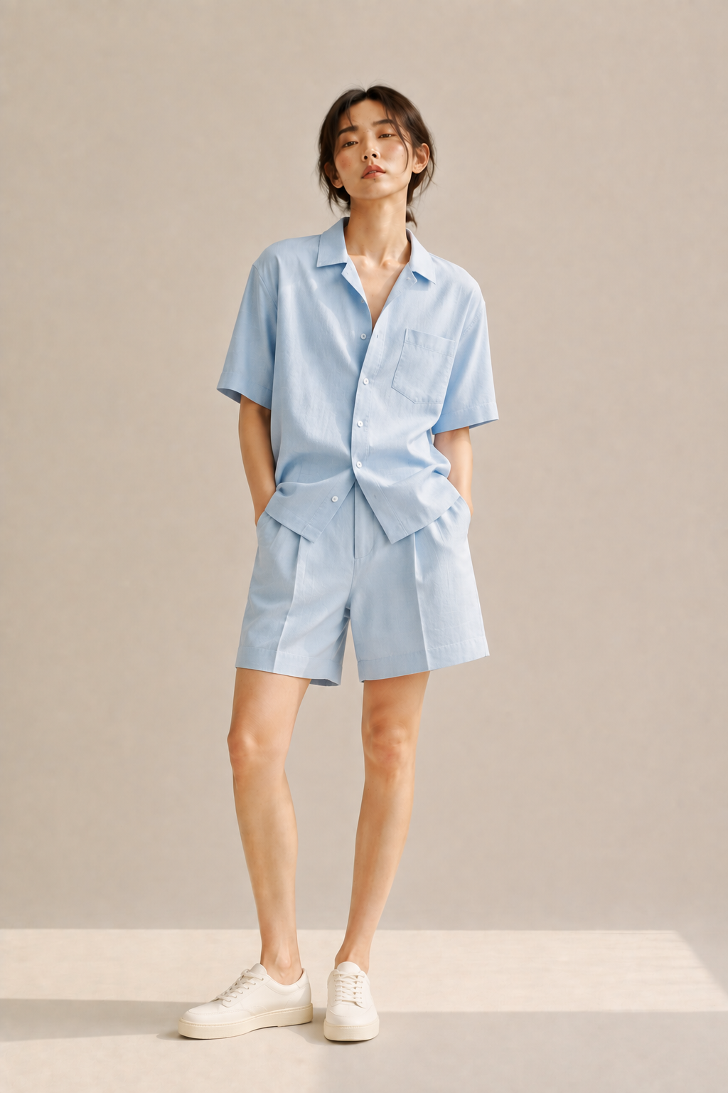 Pastel blue short-sleeve shirt and matching shorts, a coordinated summer acubi set.