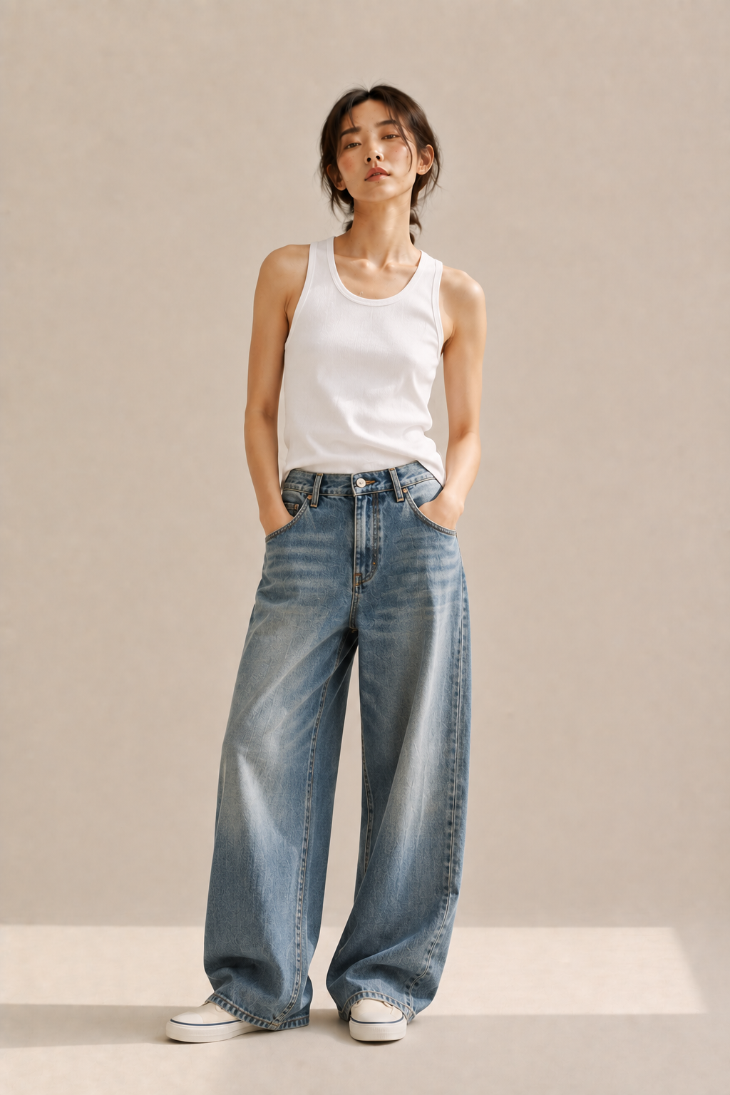 Plain white tank top with wide-leg denim jeans and canvas slip-ons, an easy denim summer acubi outfit.