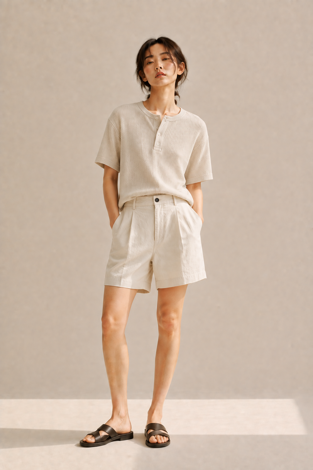 Waffle-knit henley with cotton shorts and minimalist sandals, a textured summer acubi look.
