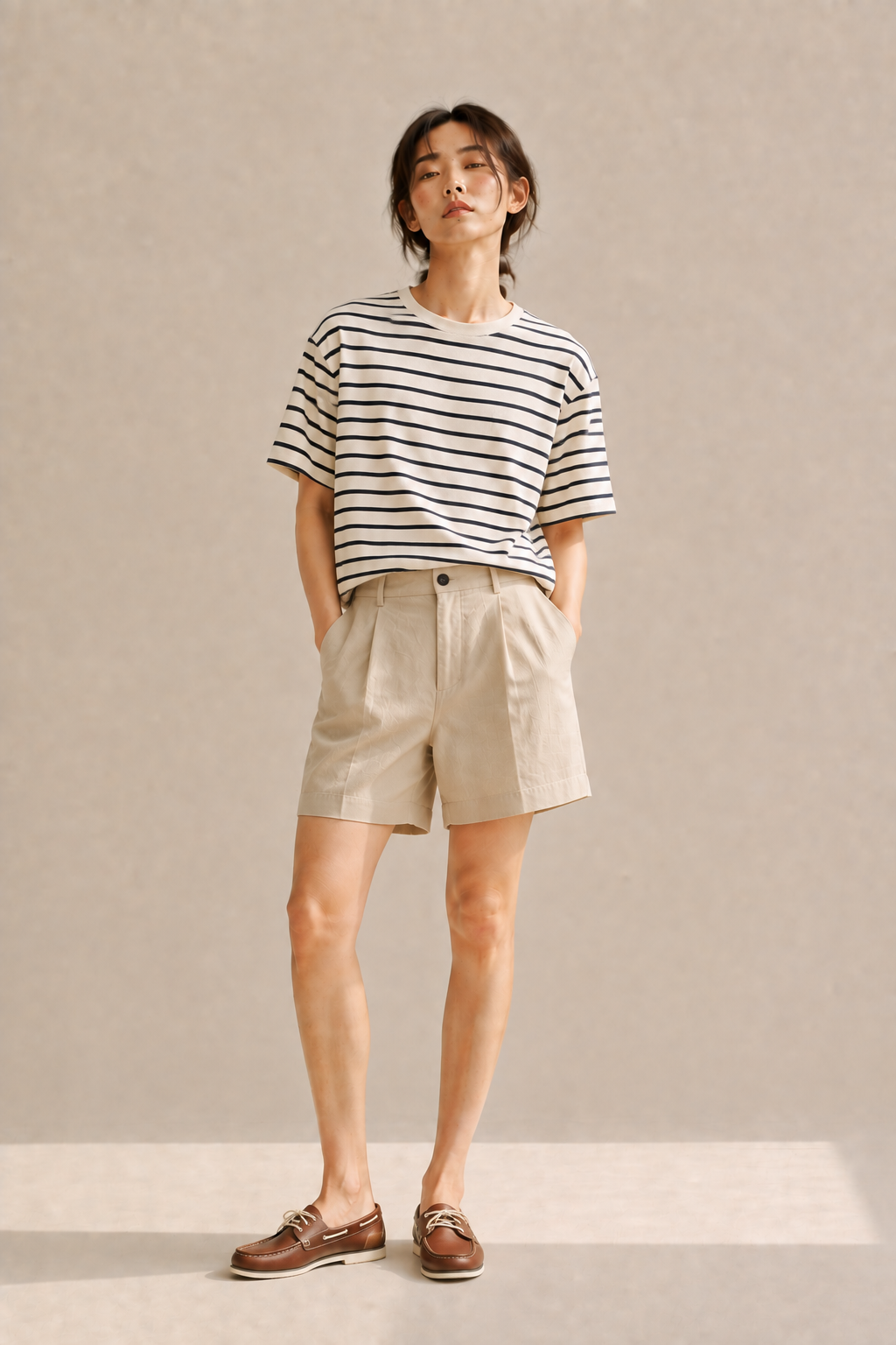Striped short-sleeve tee with relaxed chino shorts and boat shoes, a classic summer acubi outfit.