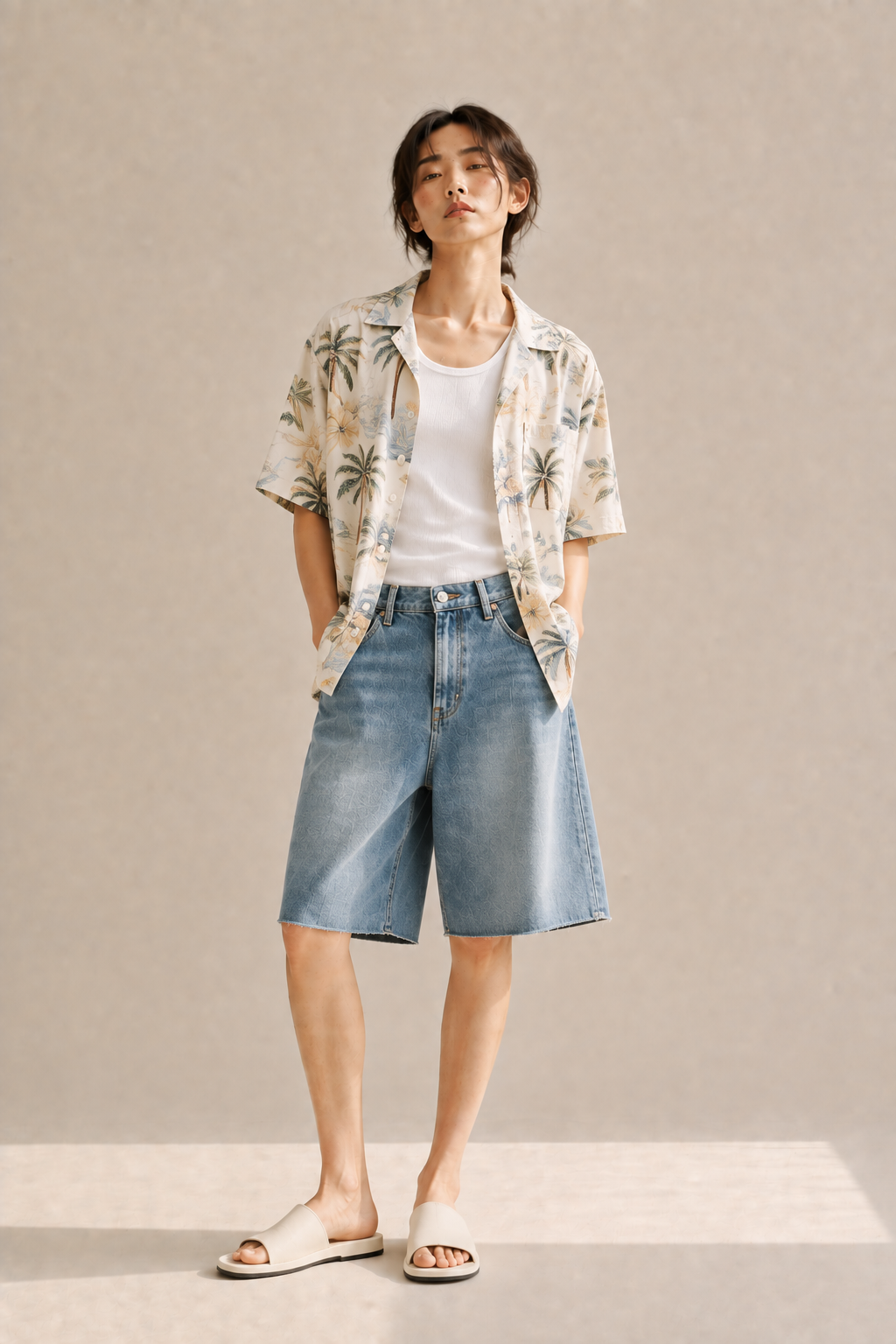 Open Hawaiian-style shirt worn over a tank with wide denim shorts and slide sandals, a playful summer acubi look.