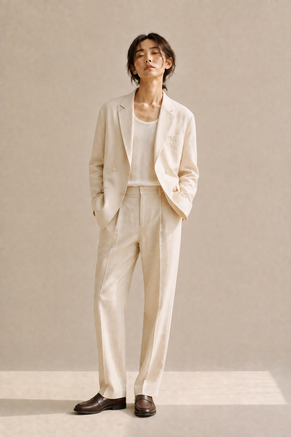 Lightweight double-breasted linen blazer over a ribbed tank with tailored trousers and leather loafers, a polished summer acubi look.