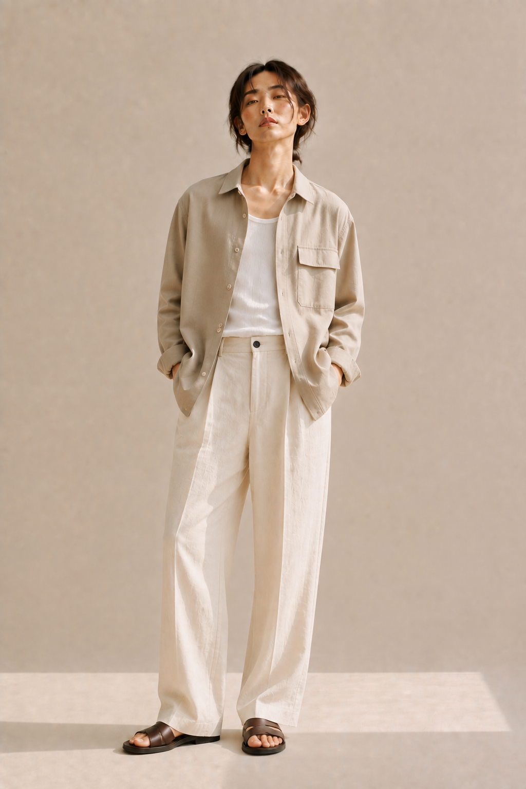 Structured lightweight overshirt over a tank top with wide-leg linen trousers, a smart-casual transitional summer acubi piece.
