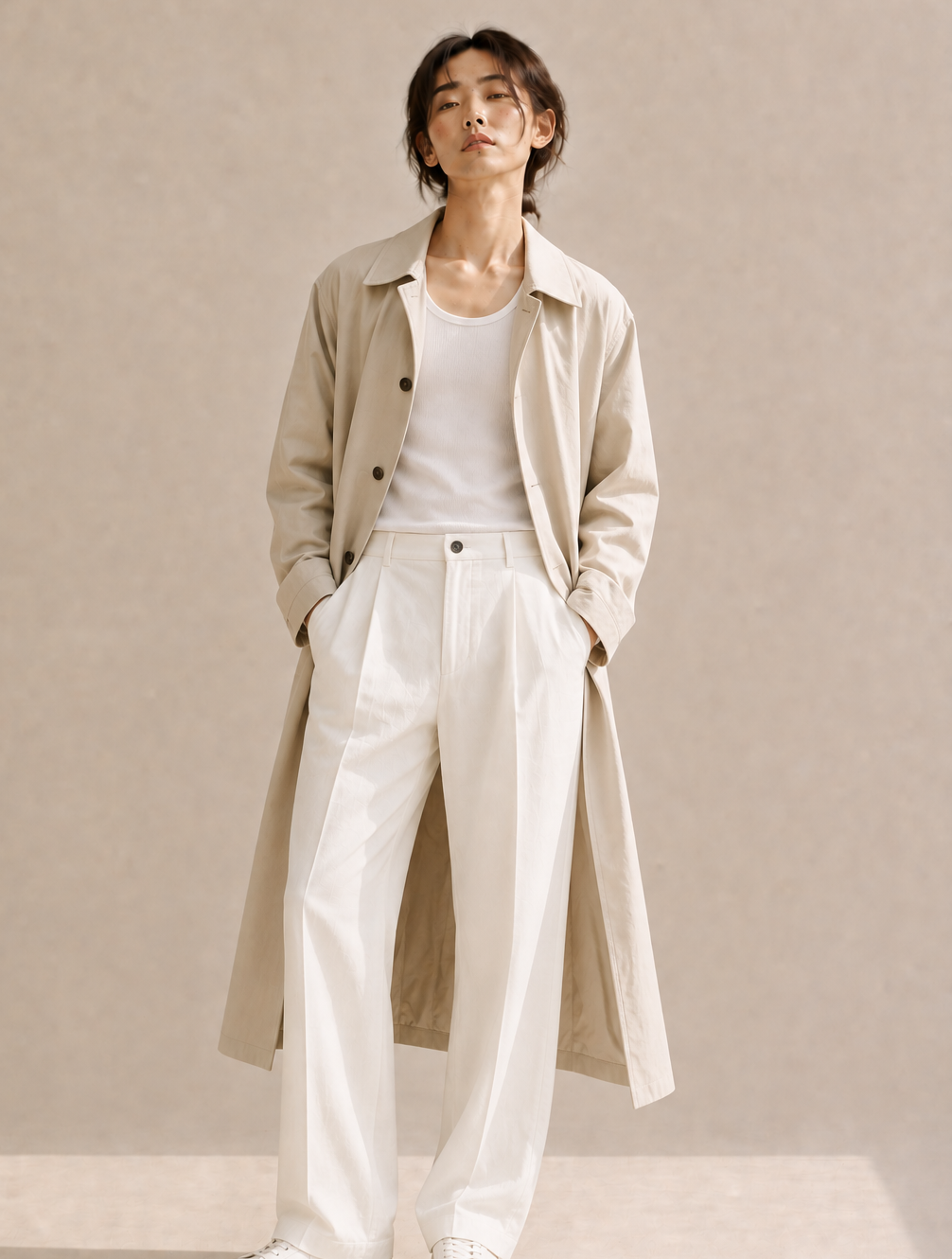 Long unlined trench coat worn open over a simple white outfit with clean sneakers, a dramatic summer acubi layering moment.