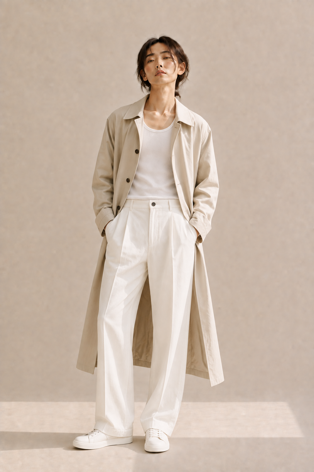 Long unlined trench coat worn open over a simple white outfit with clean sneakers, a dramatic summer acubi layering moment.