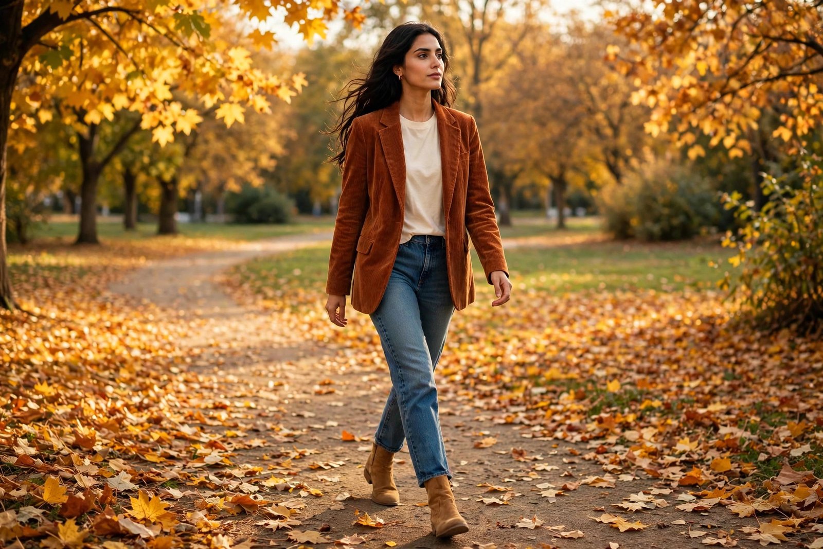Woman in a rust corduroy blazer, cream tee, jeans and tan ankle boots among autumn leaves