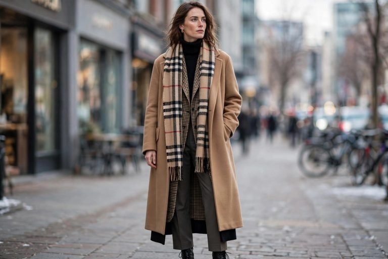 Woman demonstrating winter layering with turtleneck, blazer and camel wool coat on a city street
