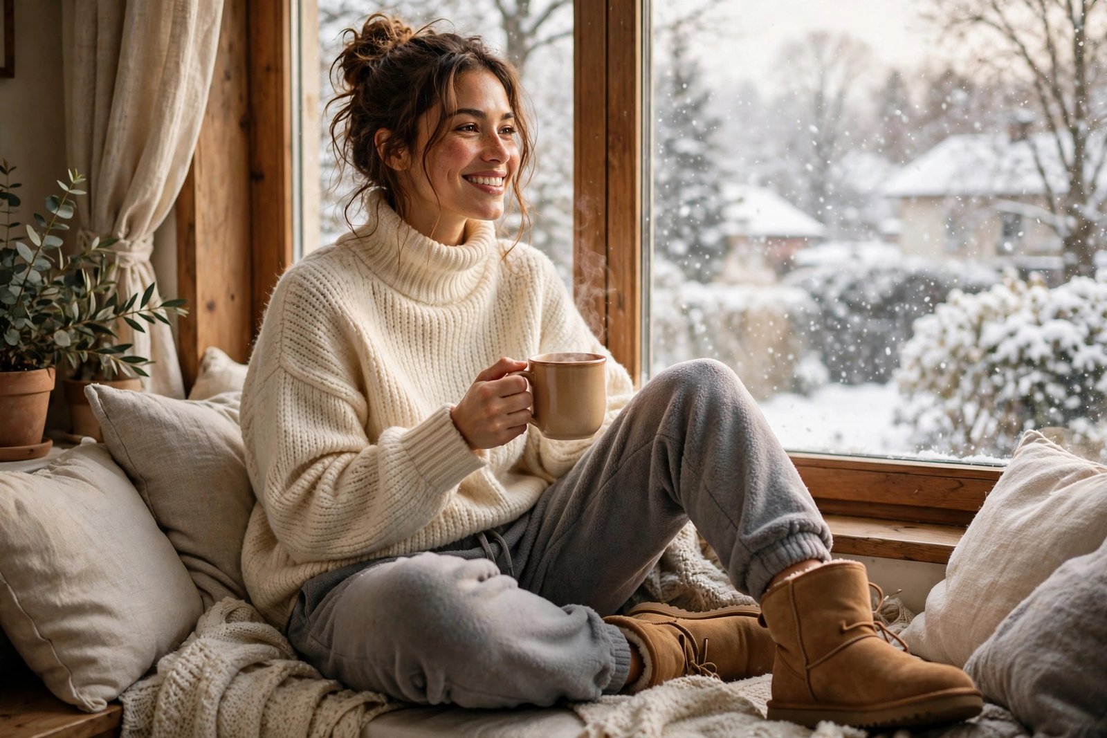 Woman in an oversized cream turtleneck sweater and grey joggers with winter boots, cosy lazy-day look