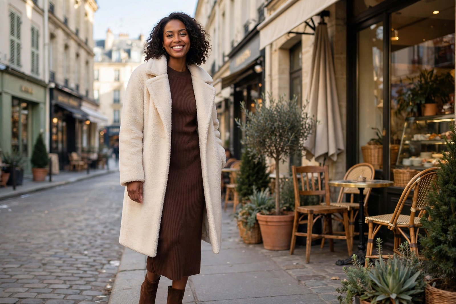 Woman in a cream teddy coat over a chocolate-brown knit dress with suede ankle boots on a winter city street