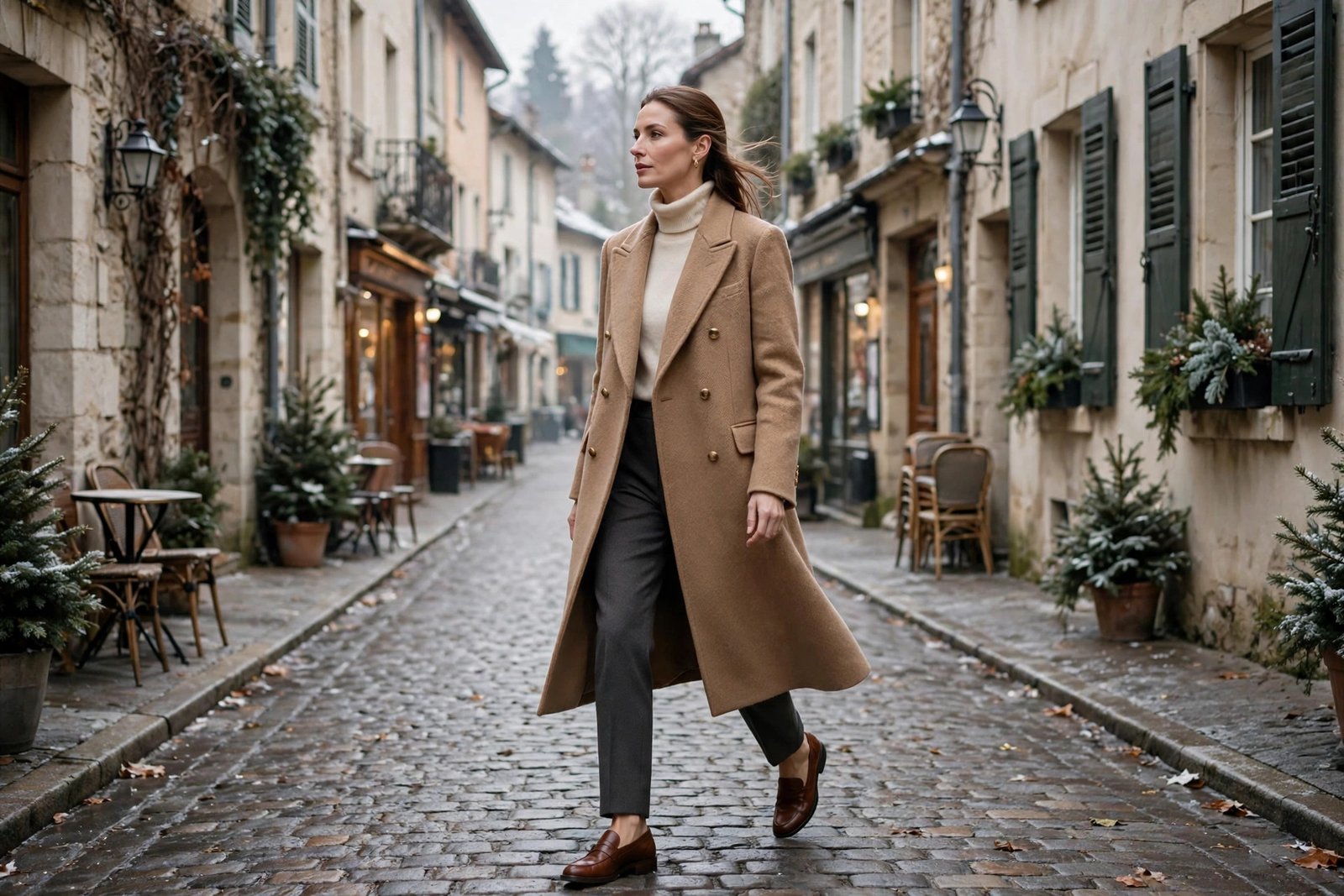 Elegant woman in a camel wool coat, cream turtleneck and tailored trousers walking through a European old town in winter