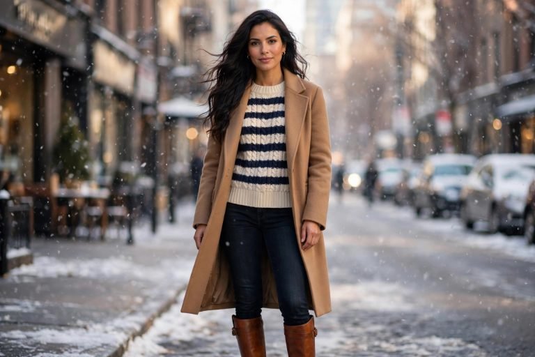 Woman in camel wool coat, striped sweater, dark jeans and riding boots on a winter city street