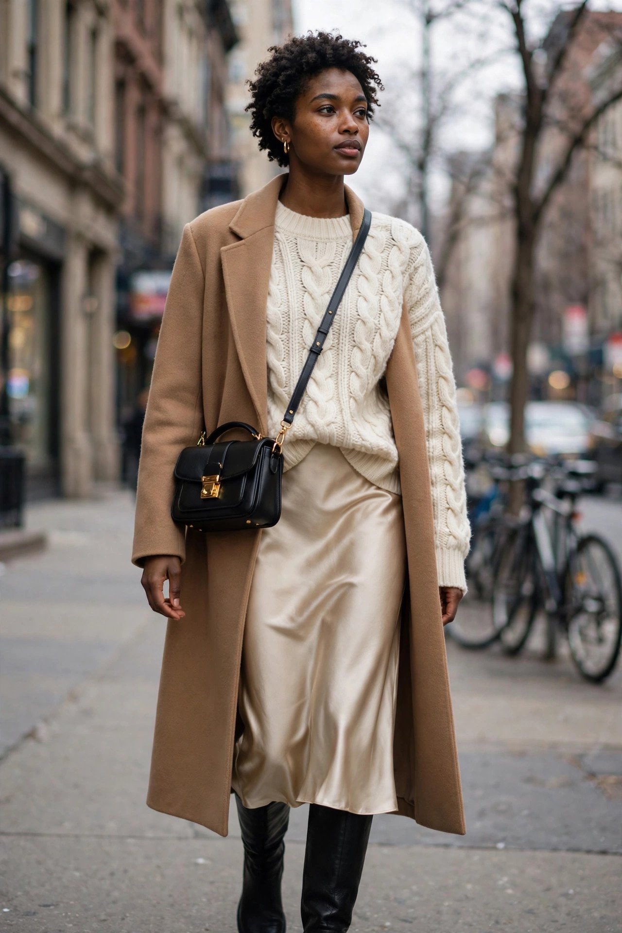 Woman in a chunky cream cable-knit sweater tucked into a champagne satin slip skirt with black knee-high boots