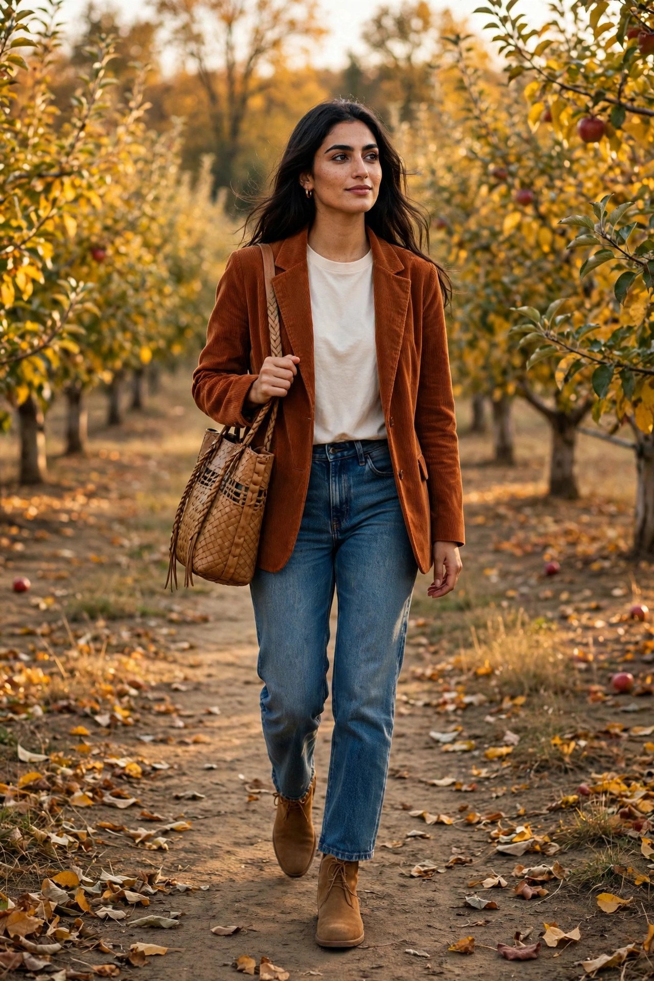 Woman in a rust-orange corduroy blazer, cream tee, straight-leg jeans and tan ankle boots