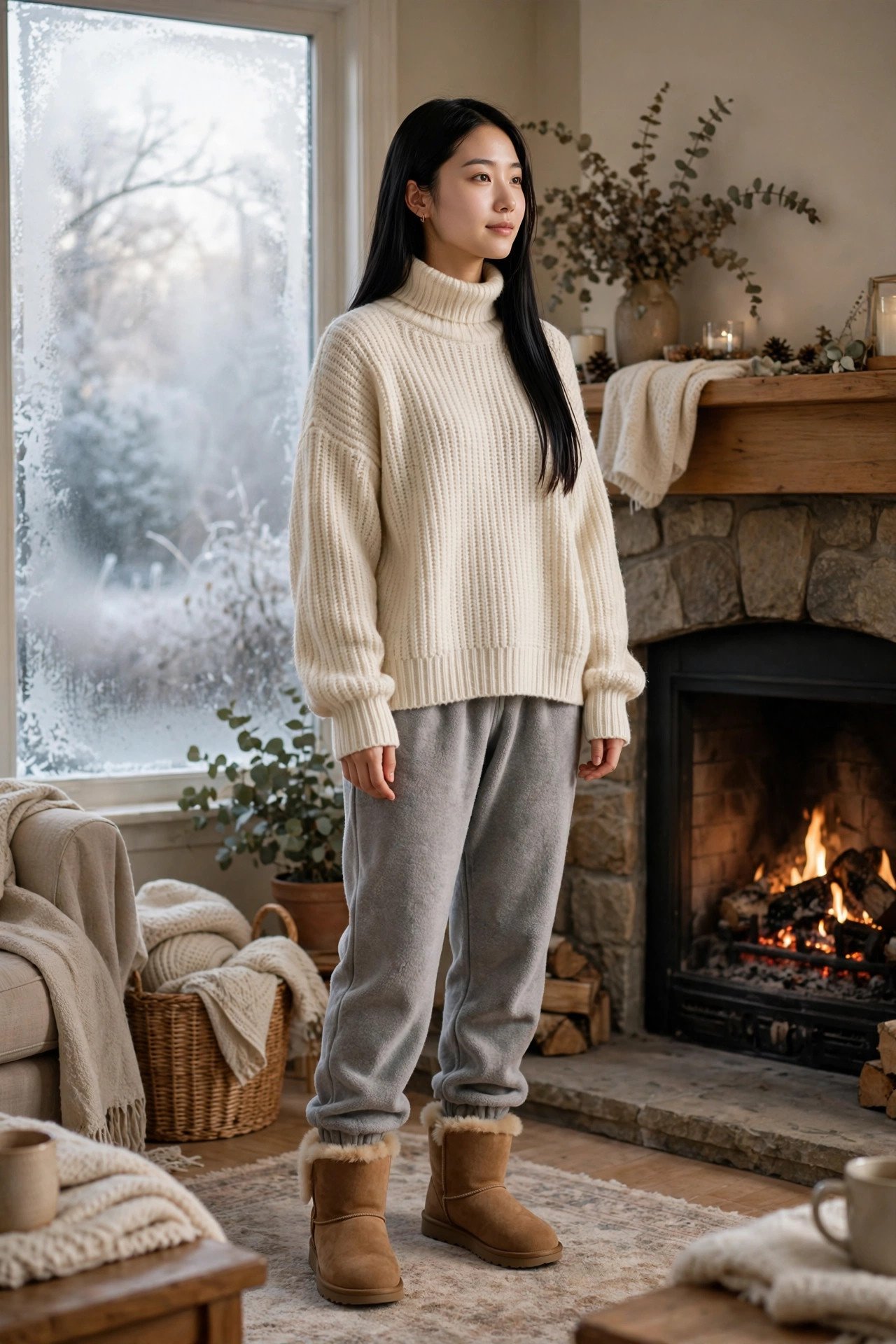 Woman in an oversized cream turtleneck sweater, grey fleece joggers and tan winter boots