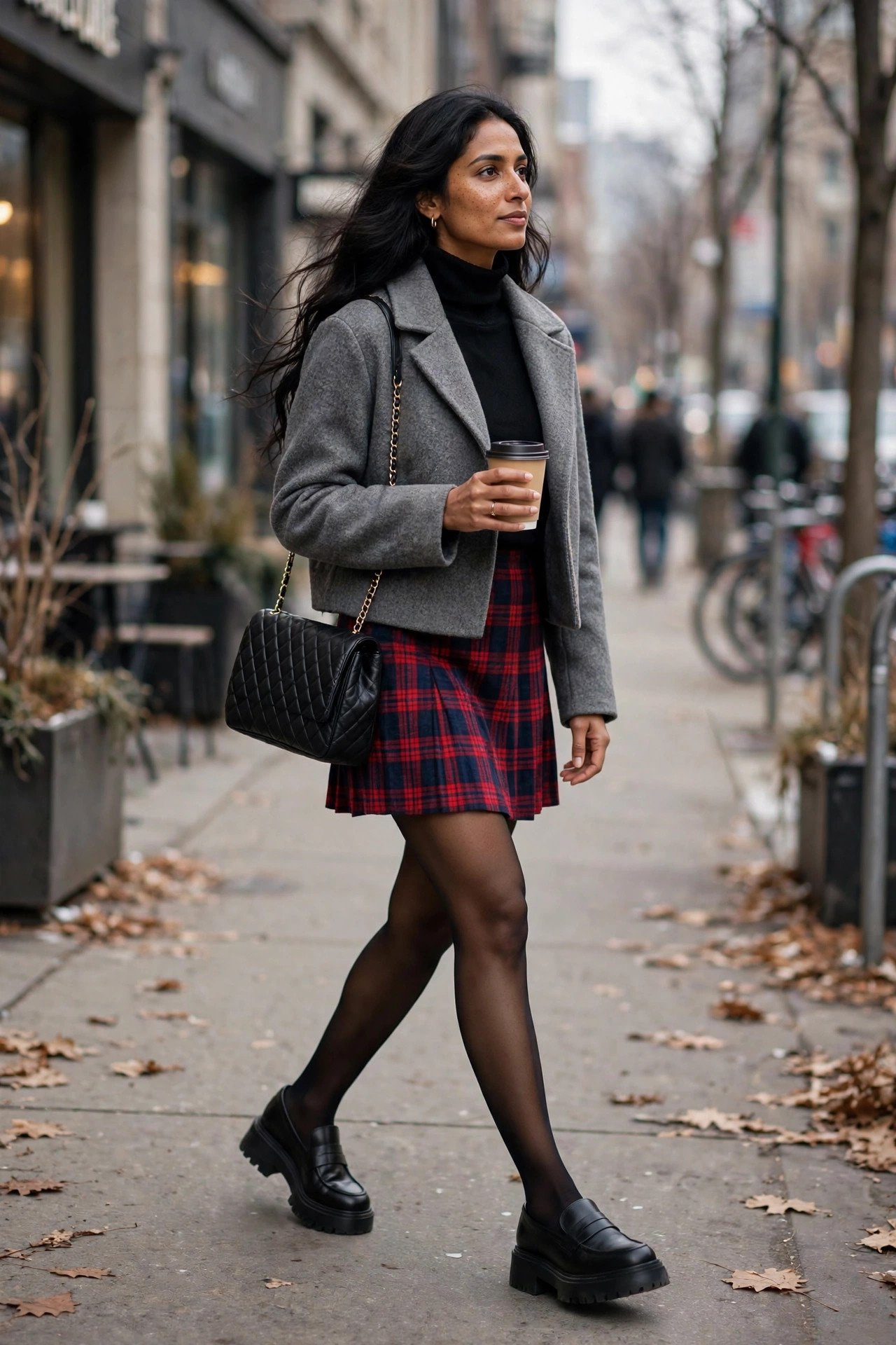 Woman in a black turtleneck with a red-and-navy plaid mini skirt, sheer tights and chunky loafers holding coffee
