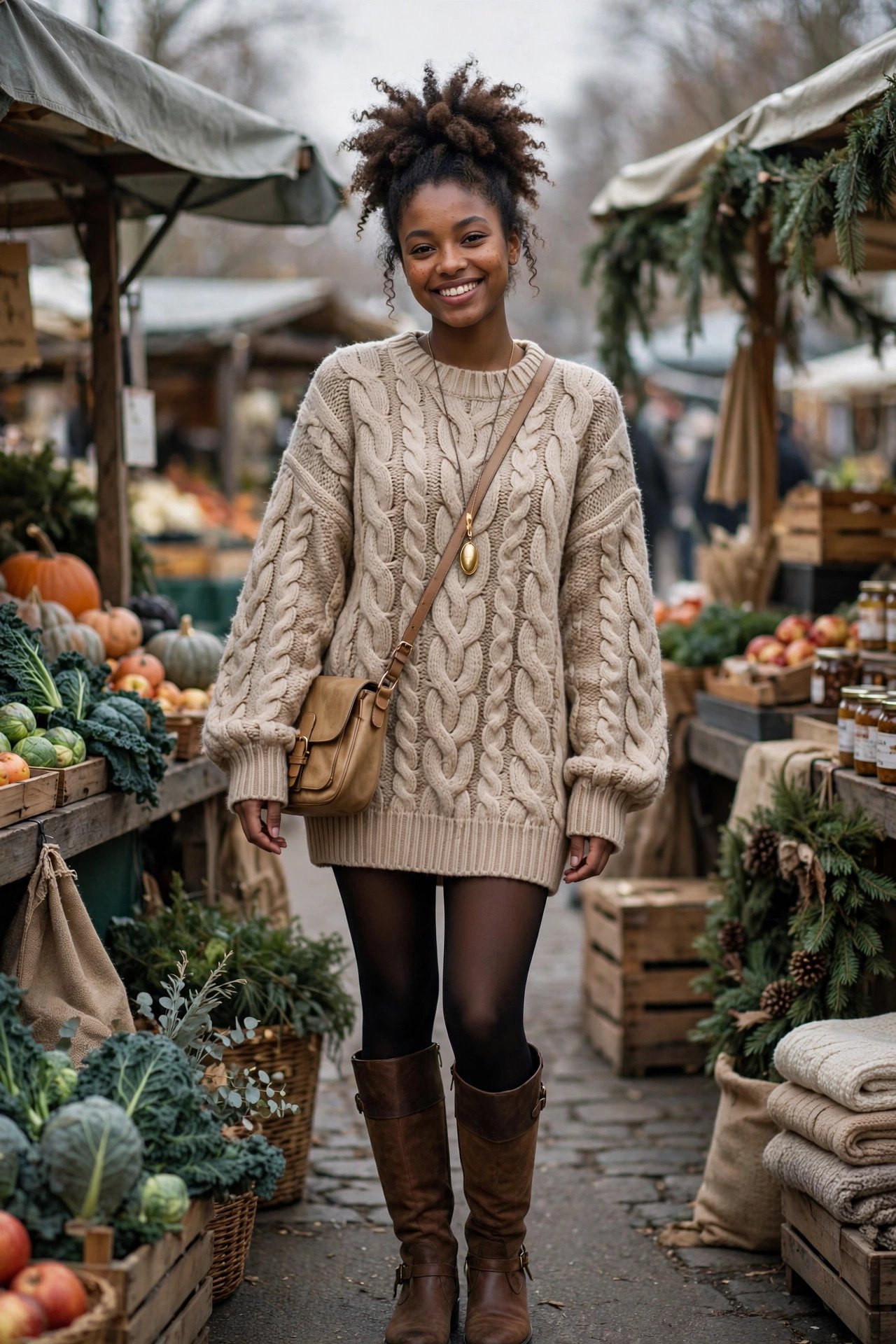 Woman in a chunky beige cable-knit oversized sweater worn as a dress with knee-high boots