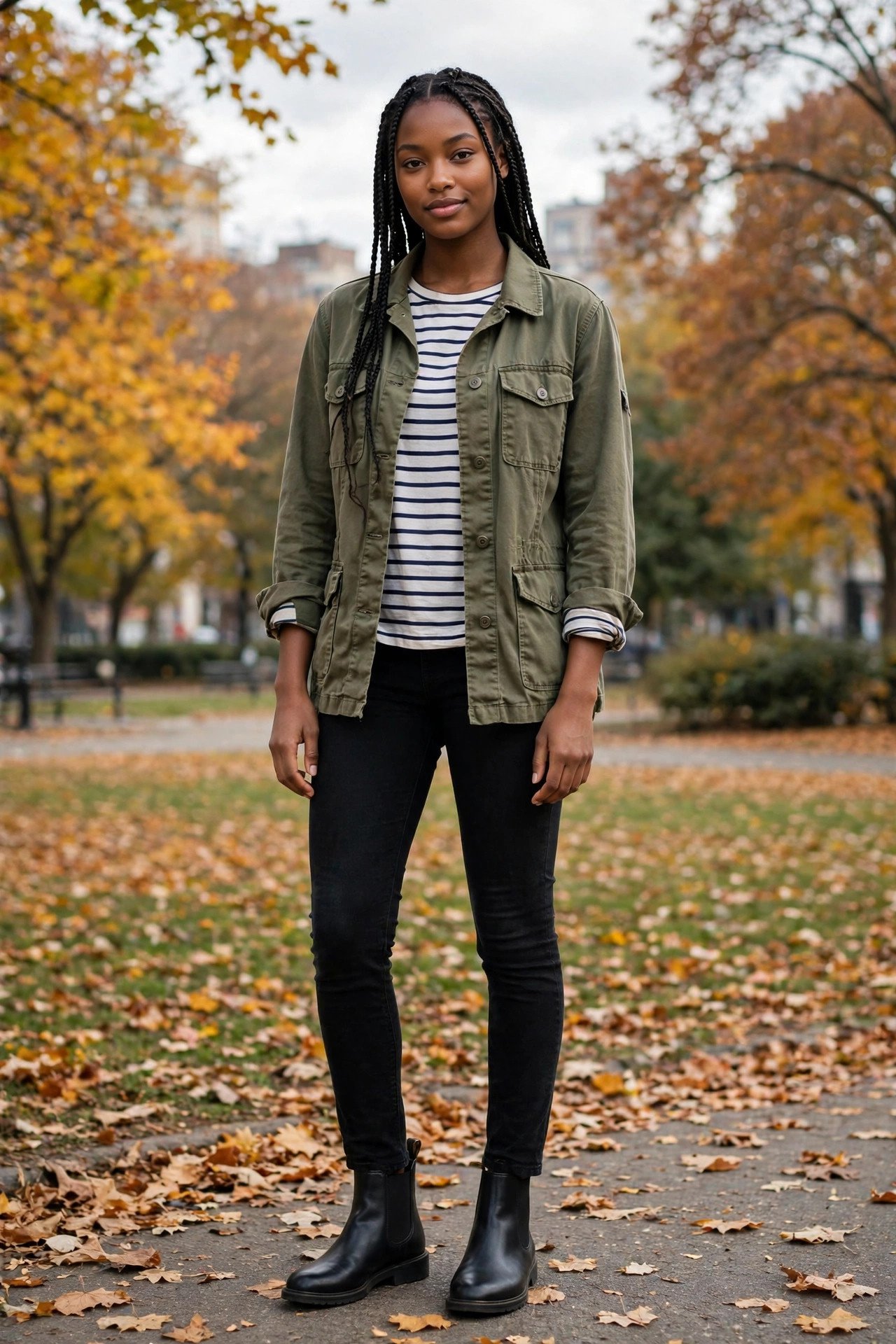 Woman in an olive utility jacket, striped long-sleeve tee, black jeans and Chelsea boots