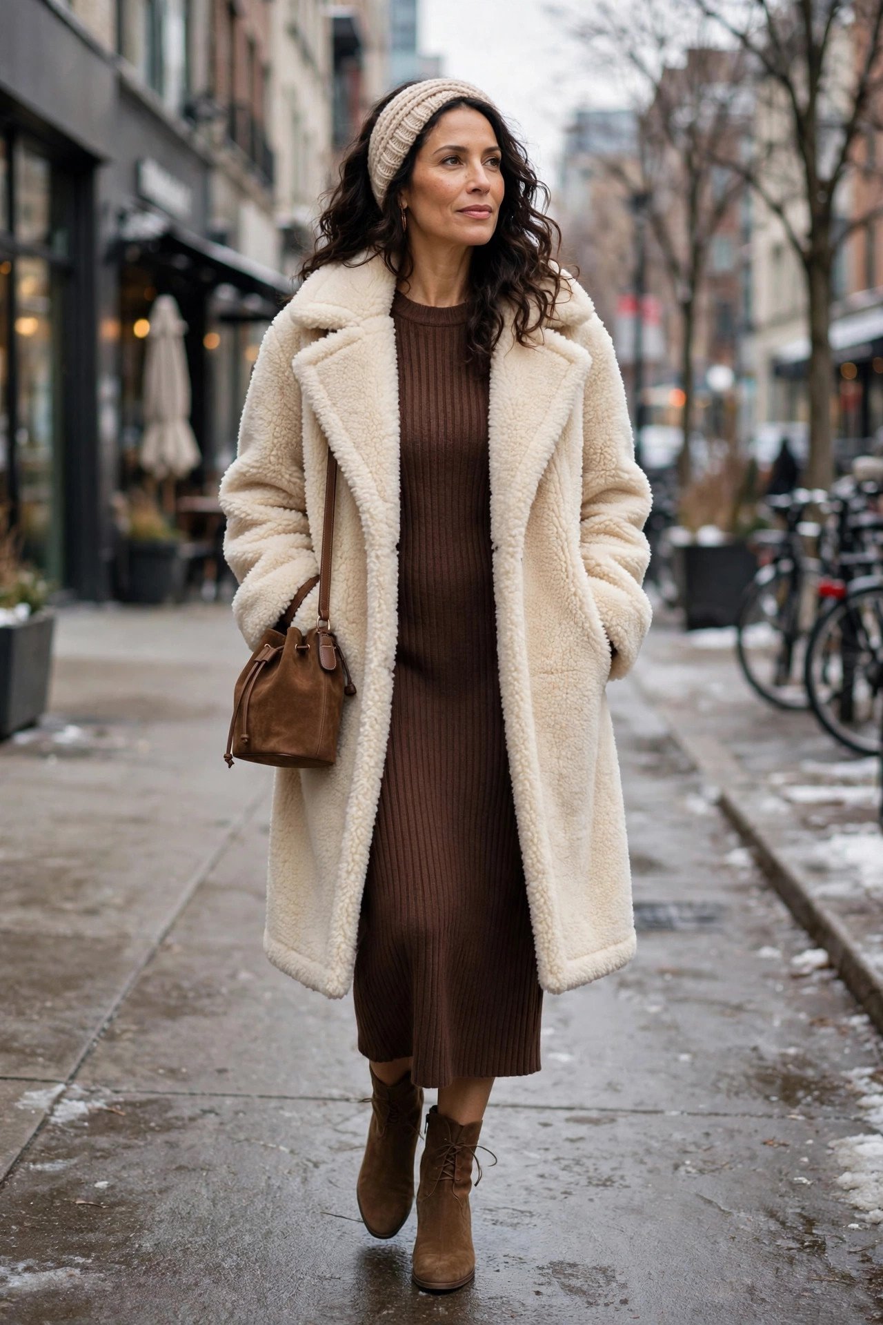 Woman in a cream teddy coat over a chocolate-brown ribbed knit midi dress with suede ankle boots