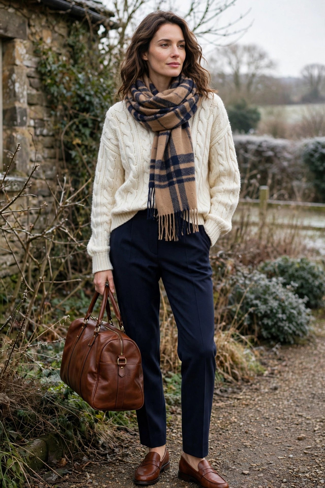 Woman wearing an ivory cable-knit fisherman sweater with navy trousers and a camel-and-navy plaid wool scarf