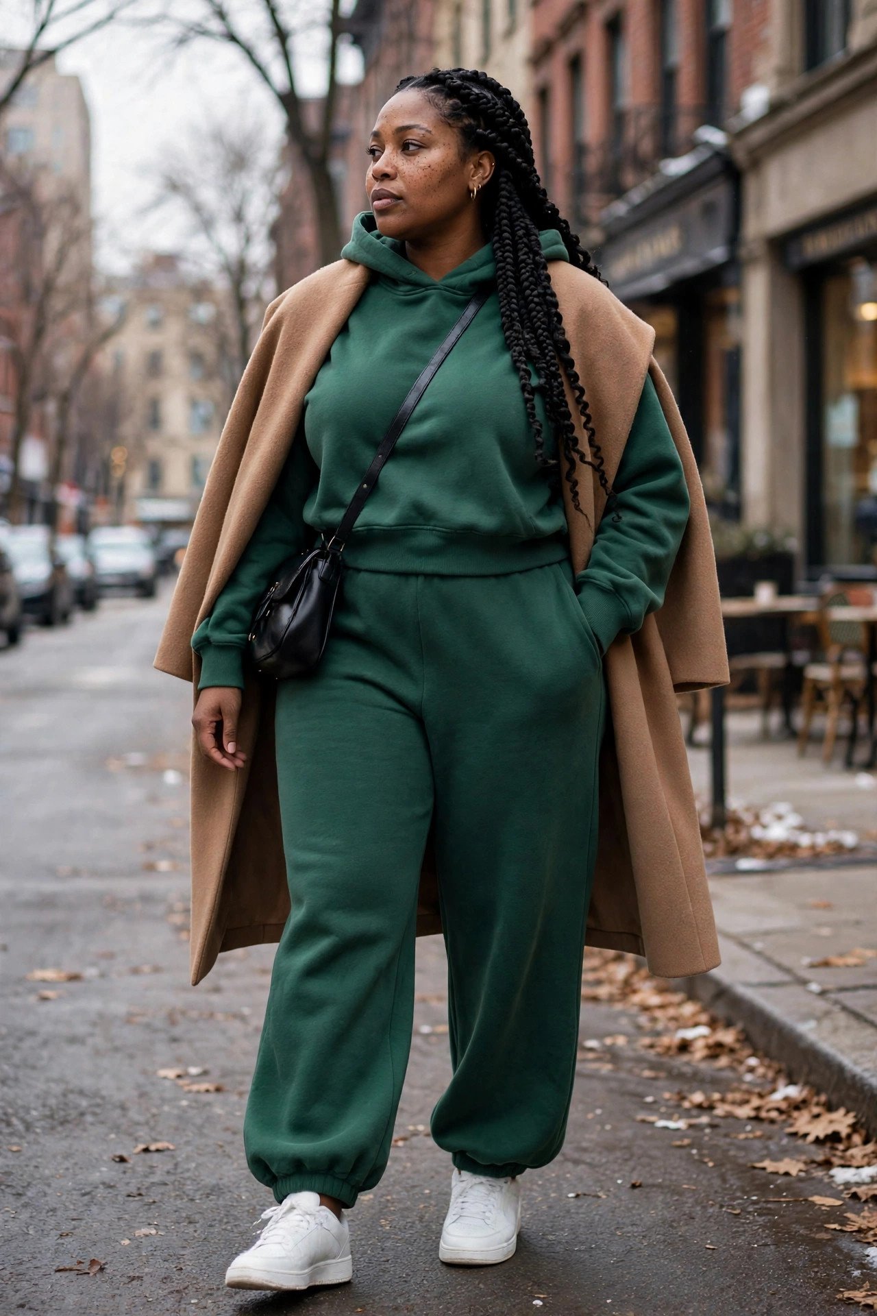 Woman in a forest green matching sweatsuit with a cropped hoodie, white sneakers and a wool coat over shoulders