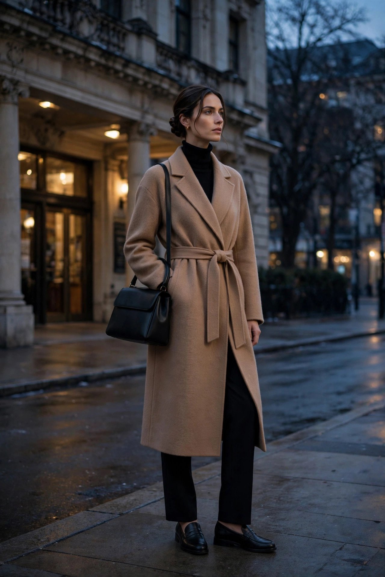 Woman in a camel wrap coat belted over a black cashmere turtleneck and black straight-leg trousers with black loafers