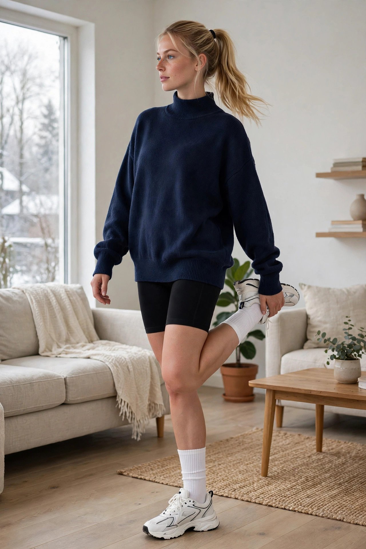 Woman in an oversized navy mock-neck sweater, black biker shorts and chunky sneakers