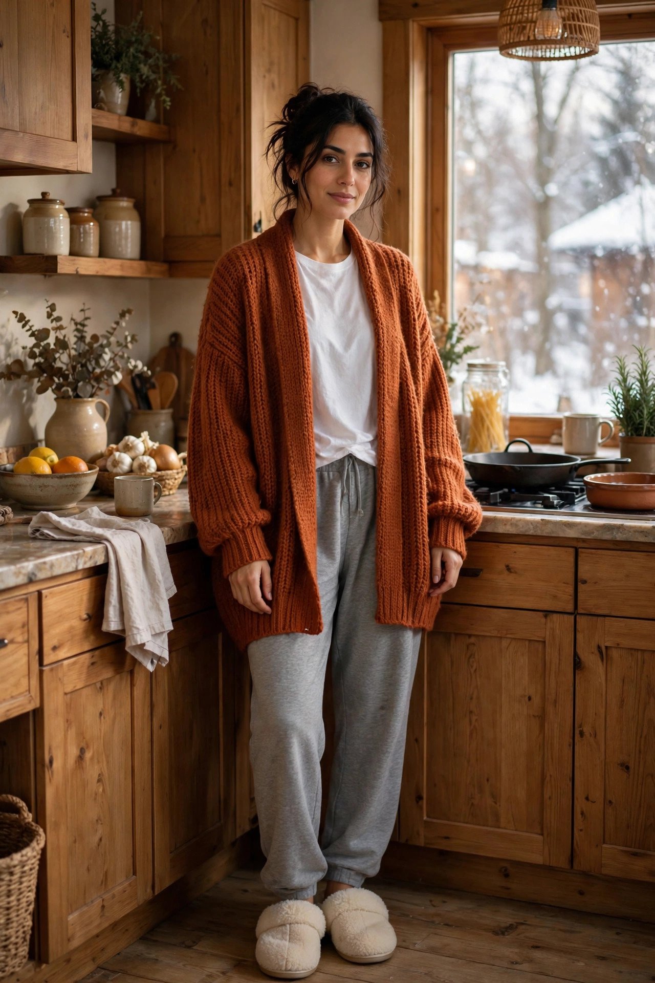Woman in an oversized rust cardigan, white tee, grey sweatpants and fuzzy slippers