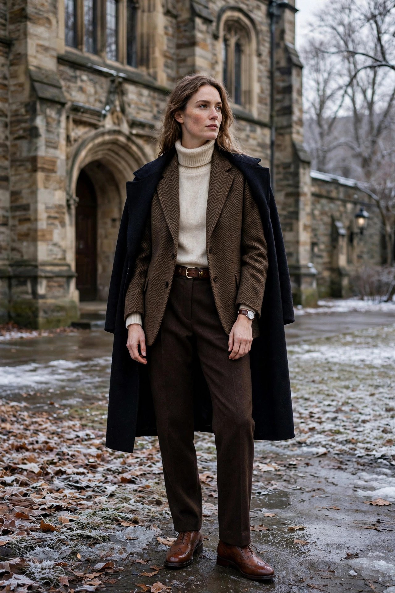 Woman wearing a brown herringbone wool blazer over a cream turtleneck with dark brown wool trousers and brogues