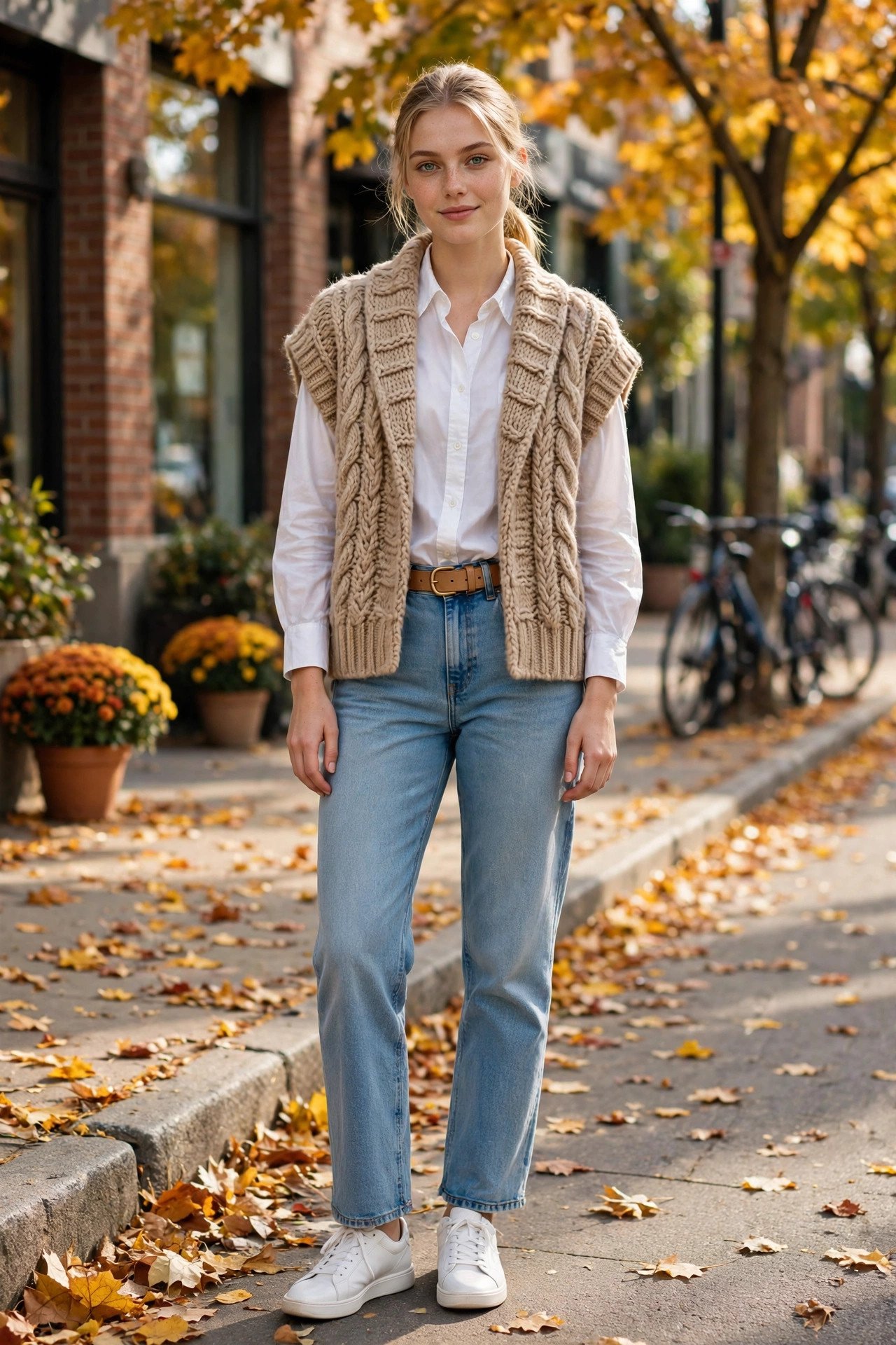 Woman in a chunky beige knit vest, white button-down shirt, light jeans and white sneakers