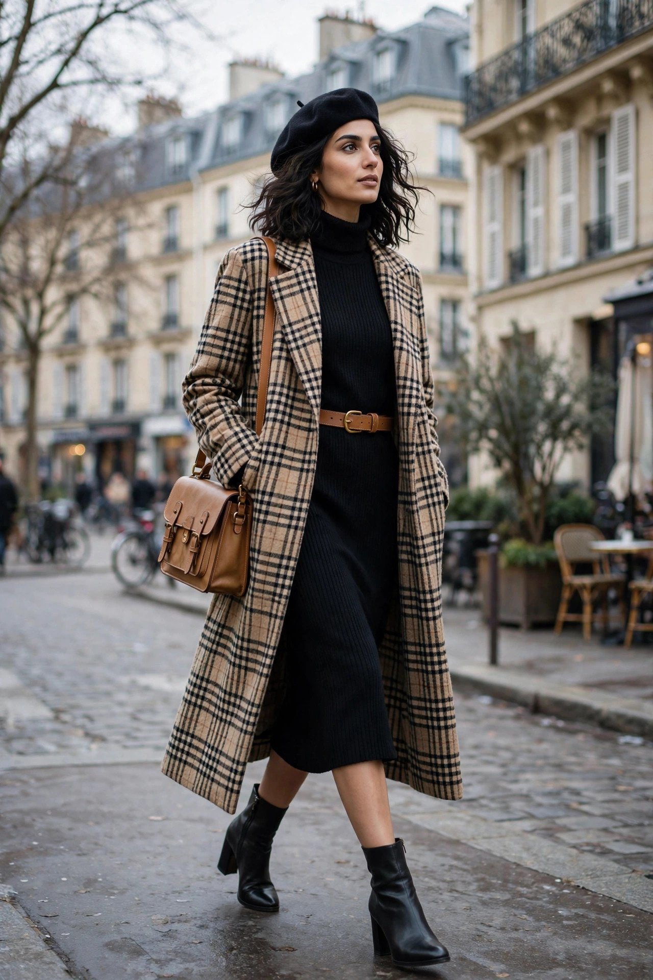 Woman in a black turtleneck sweater dress cinched with a tan belt, heeled ankle boots and a wool beret