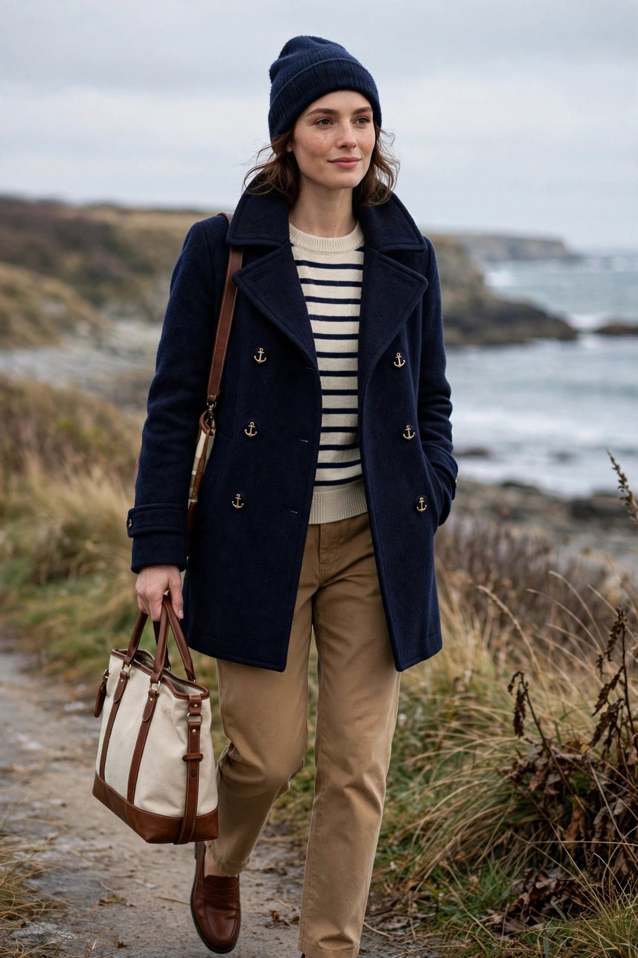Woman in a navy wool peacoat over a cream-and-navy striped Breton sweater with tan chinos and brown loafers