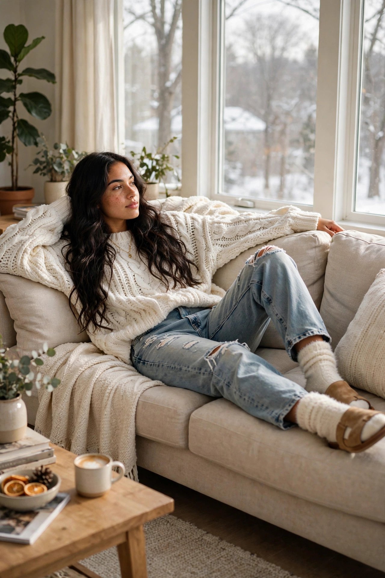 Woman in an oversized white fisherman-knit sweater, ripped boyfriend jeans and fuzzy socks