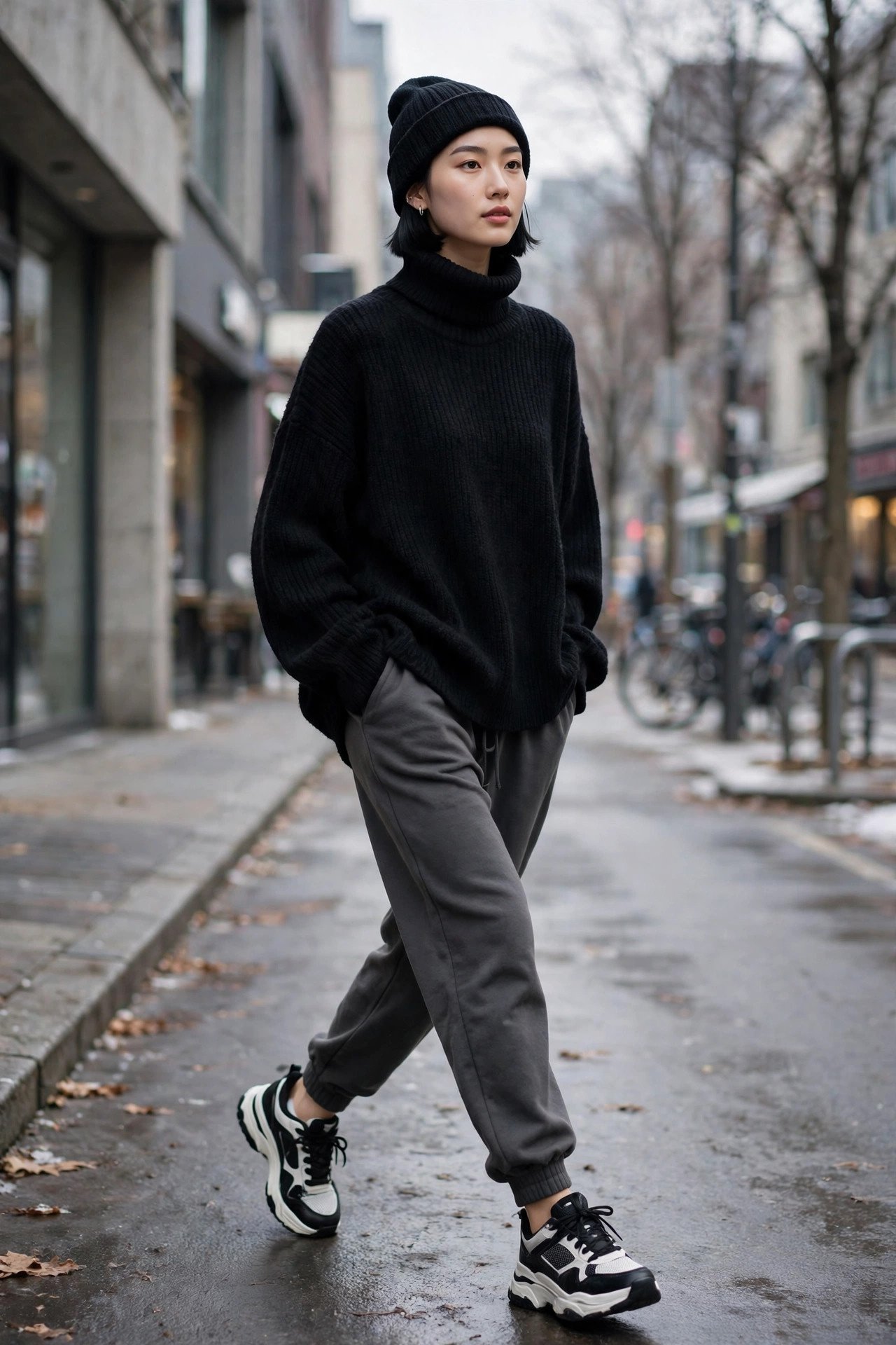 Woman in an oversized black turtleneck sweater, charcoal joggers and chunky sneakers