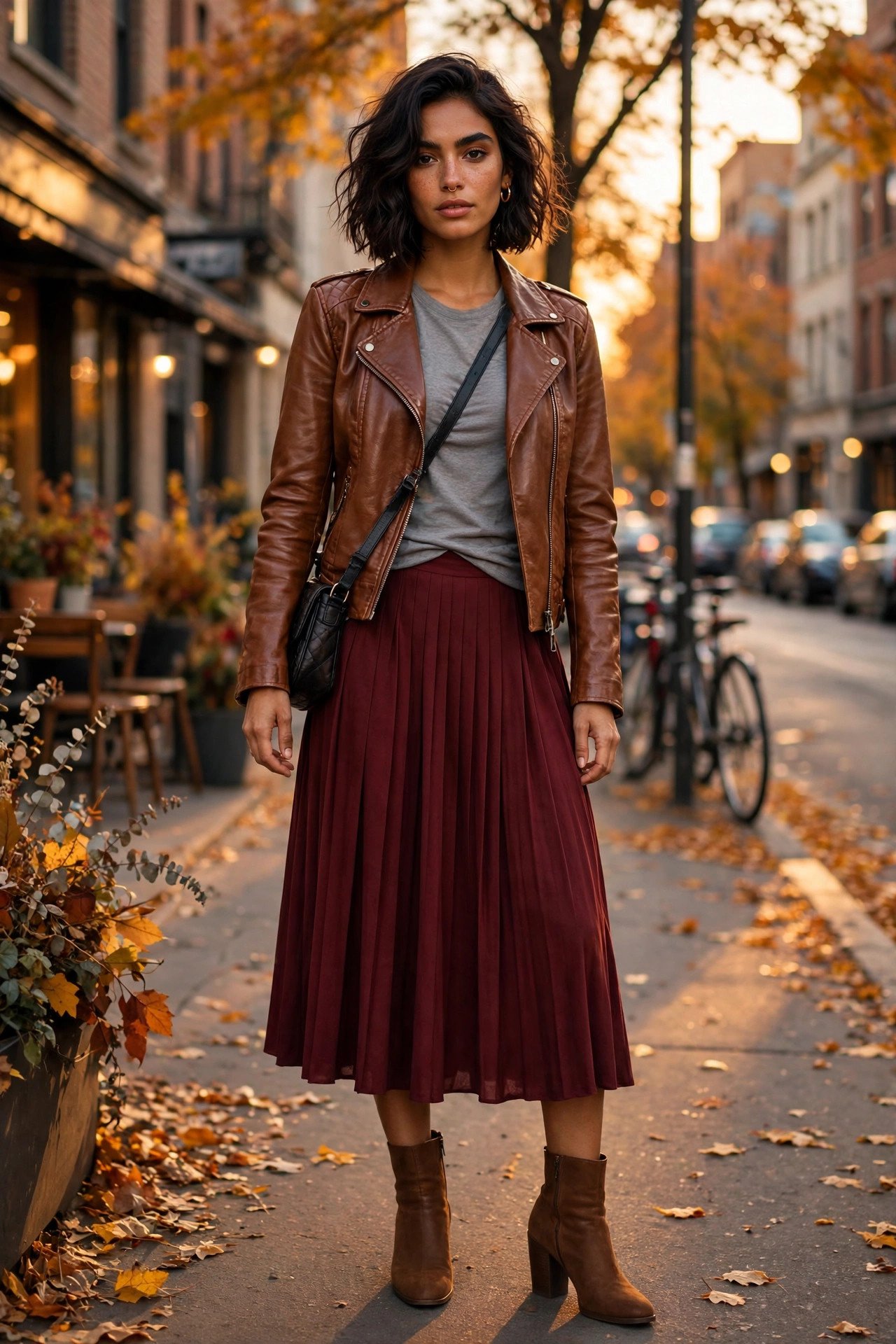Woman in a cognac moto jacket, grey tee, burgundy pleated midi skirt and ankle boots