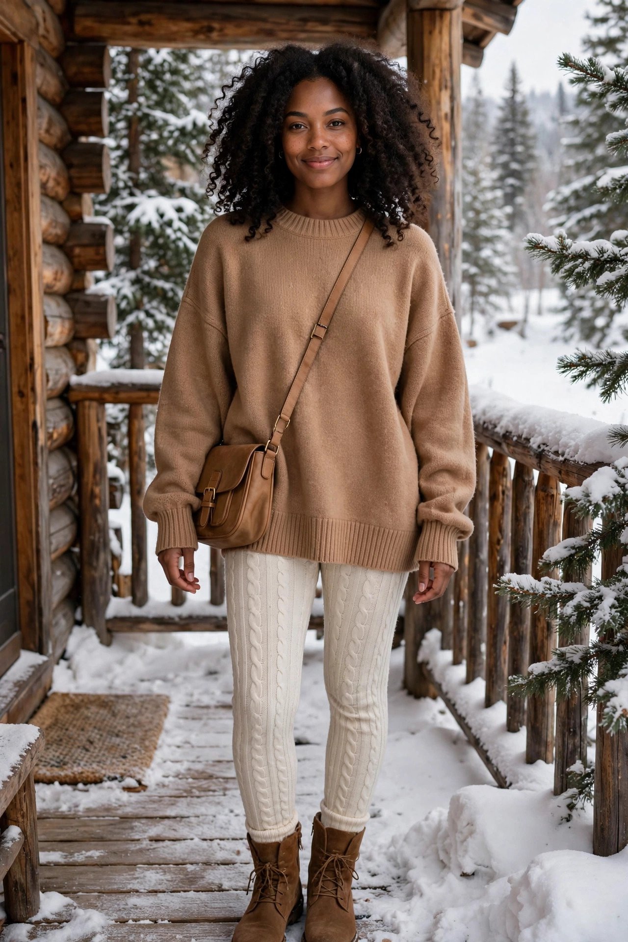 Woman in an oversized camel crewneck sweater, cream cable-knit leggings and brown ankle boots