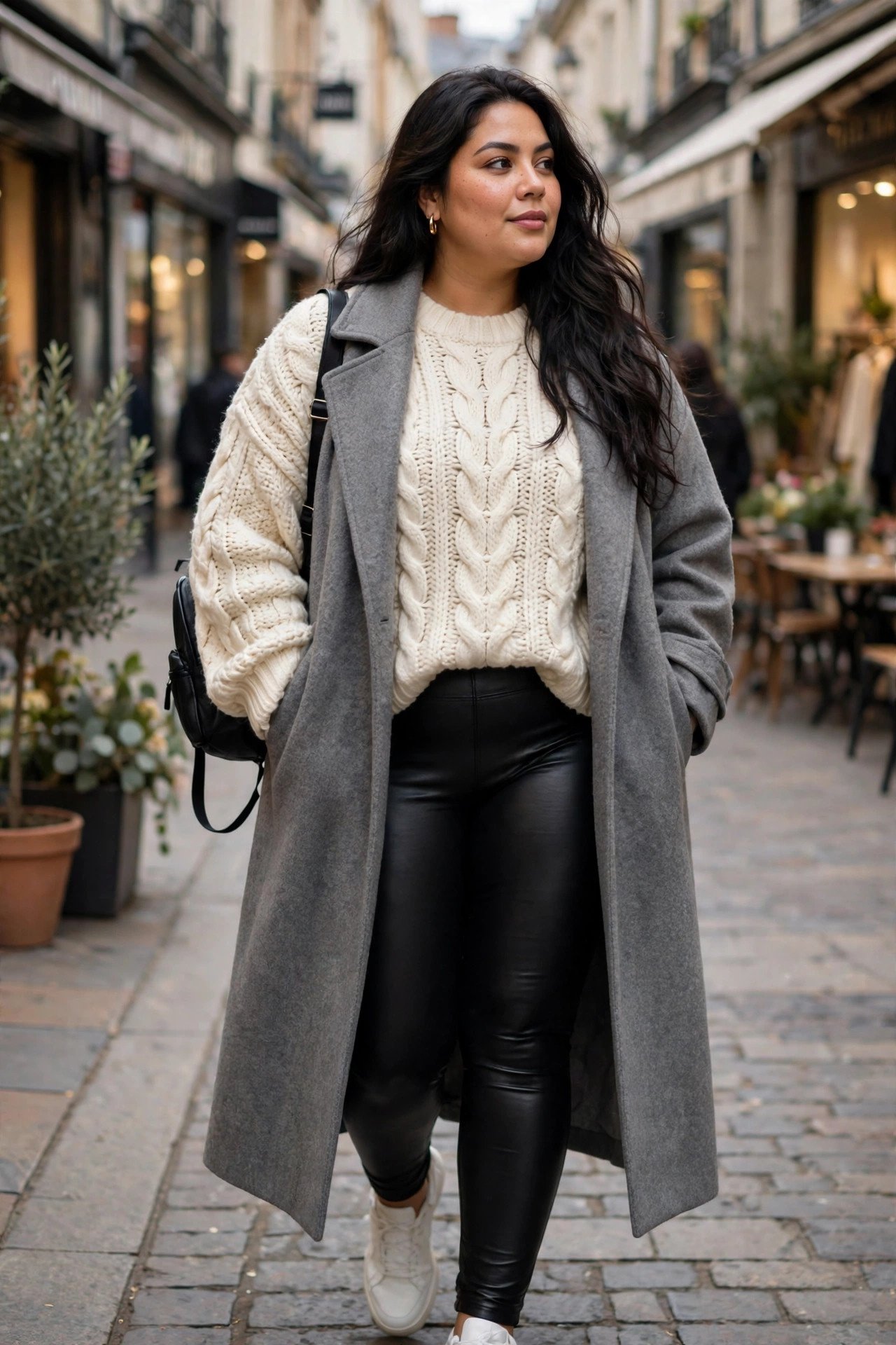 Woman in an oversized cream fisherman's sweater with black faux leather leggings and white sneakers