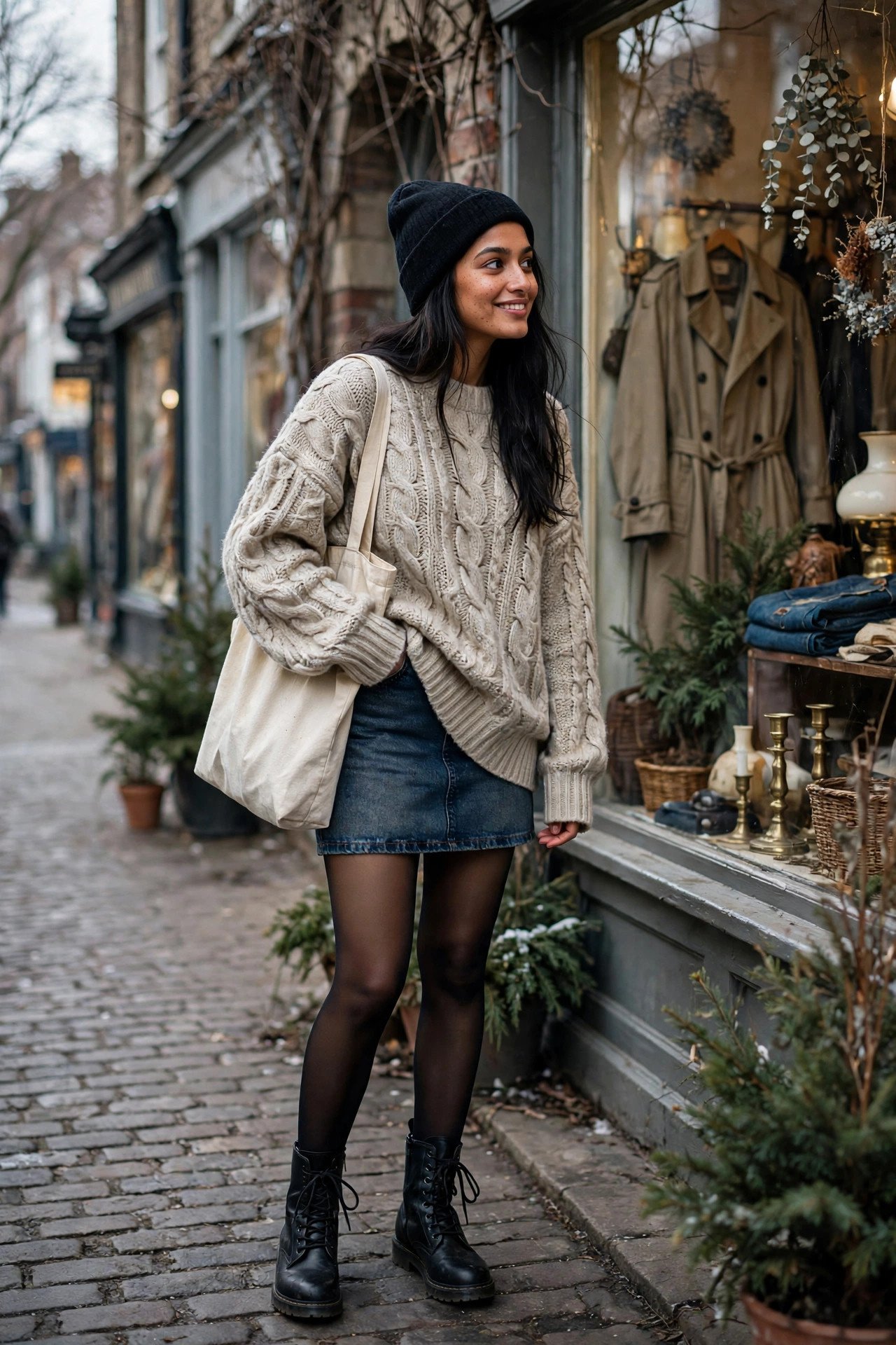 Woman in an oversized oatmeal cable-knit sweater, denim mini skirt, tights and combat boots