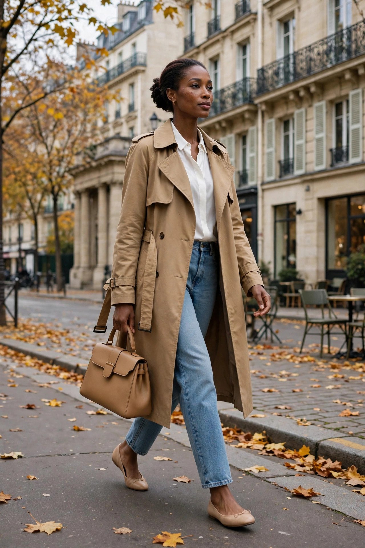 Woman in a classic tan trench coat, white blouse, light-wash jeans and ballet flats