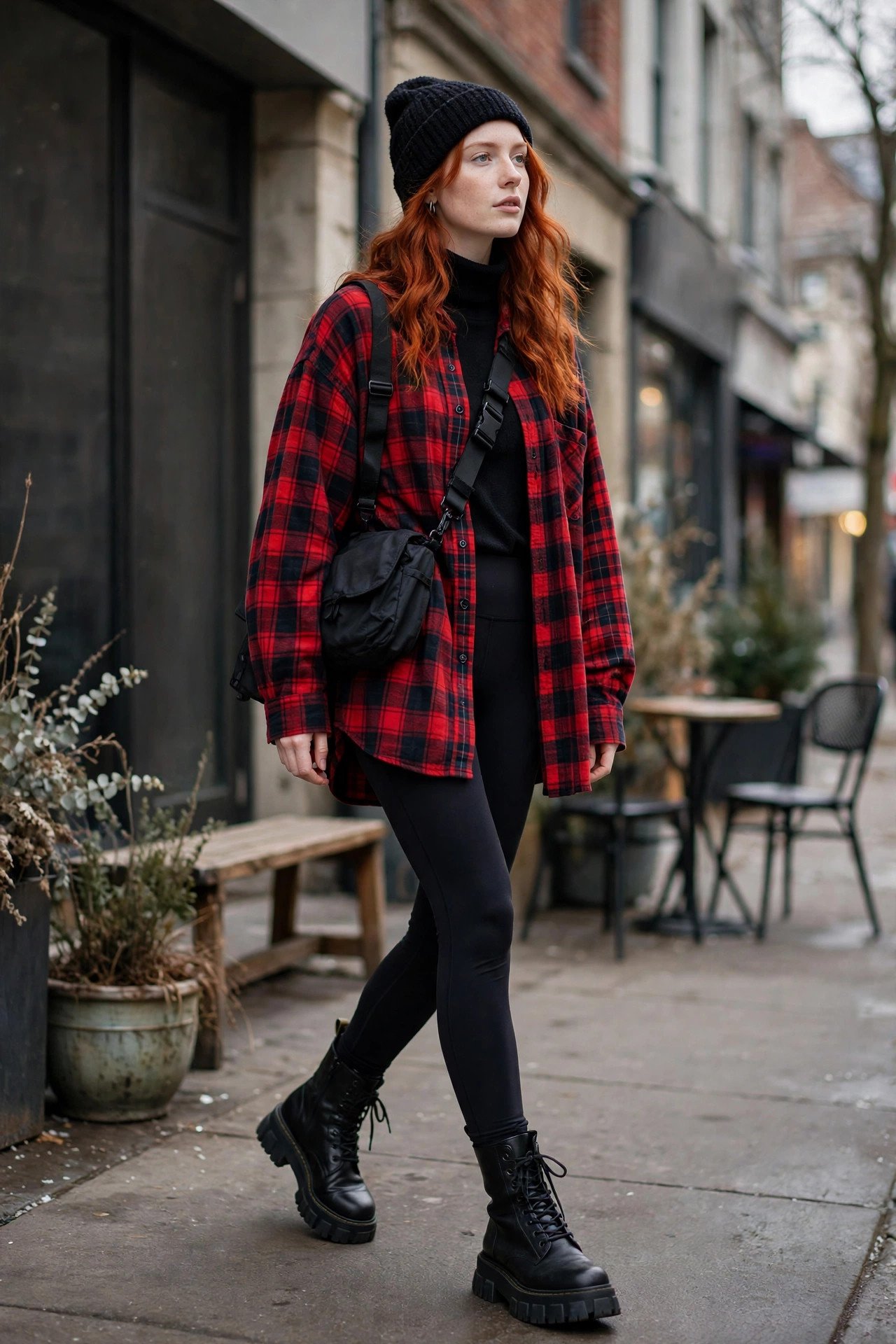 Woman in a red-and-black plaid shacket over a black turtleneck and leggings with chunky combat boots