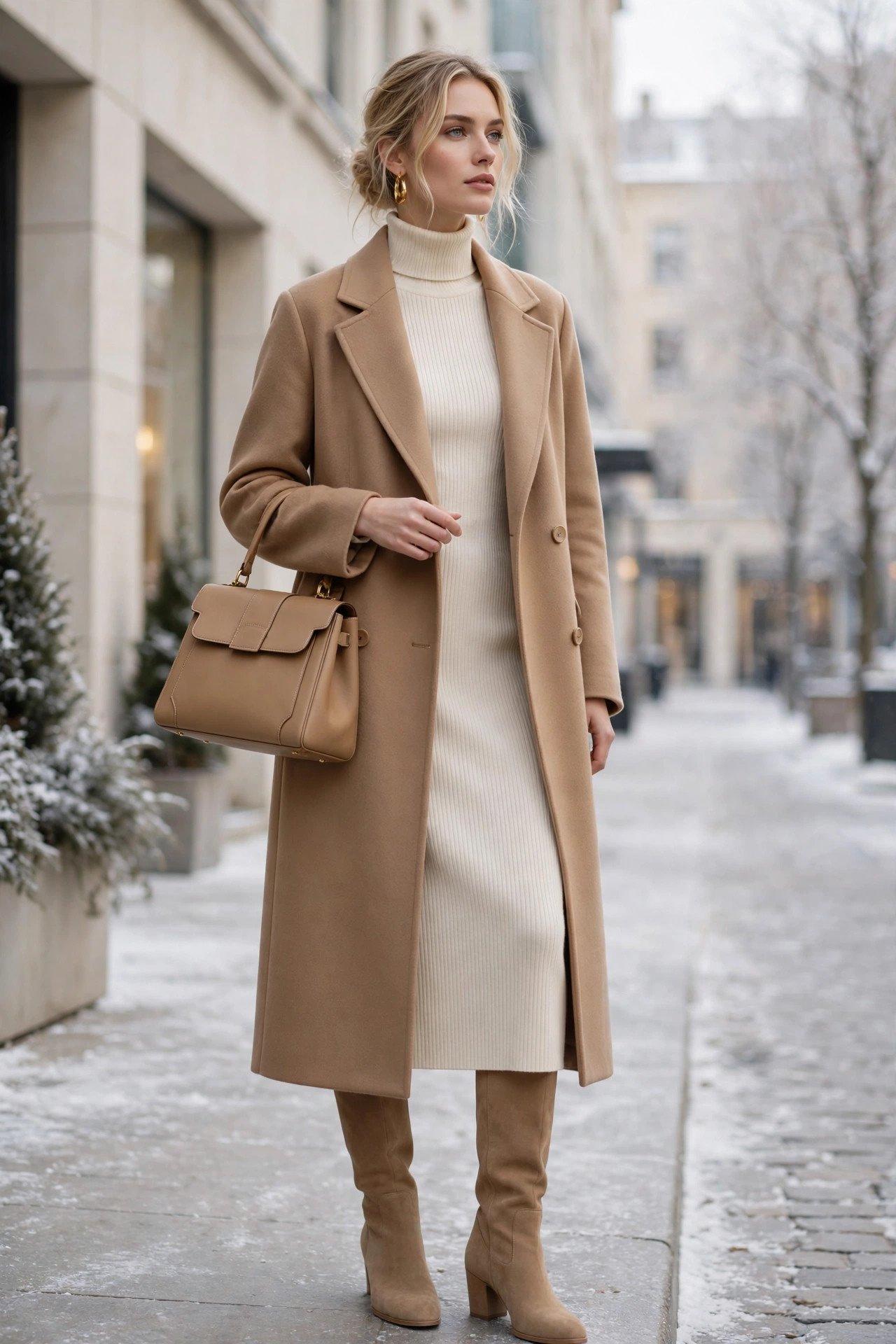 Woman in a cream ribbed turtleneck midi dress under a long camel coat with tan knee-high boots